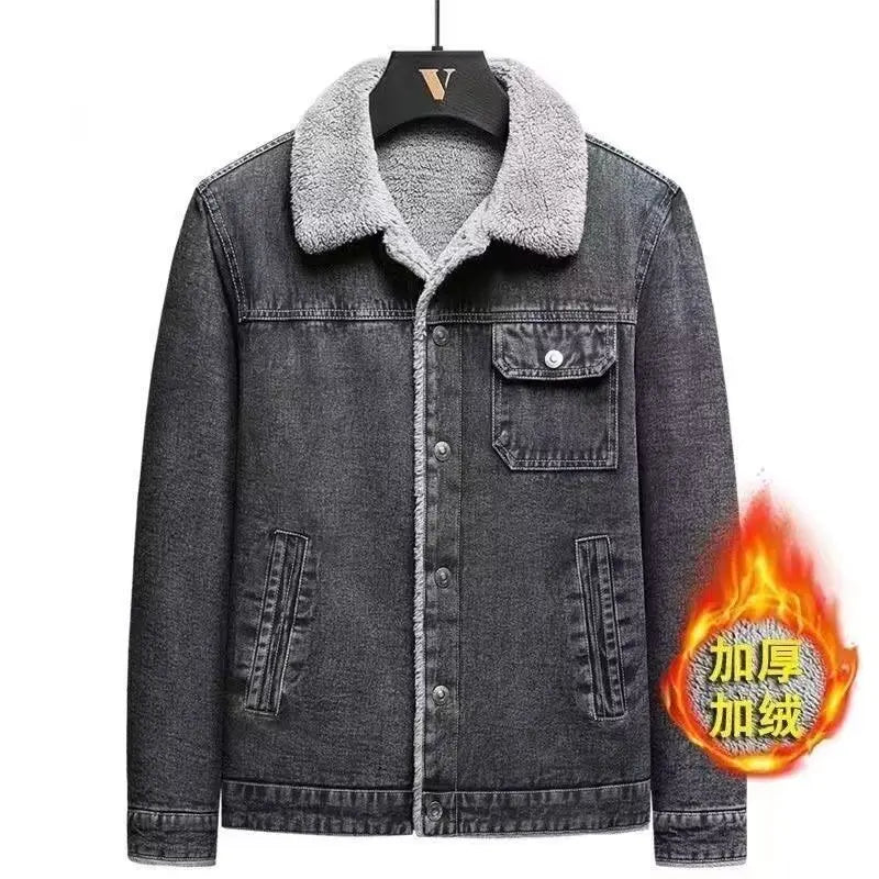 2025 Men's fleece denim jacket, autumn and winter warmth, casual, teen slim jacket