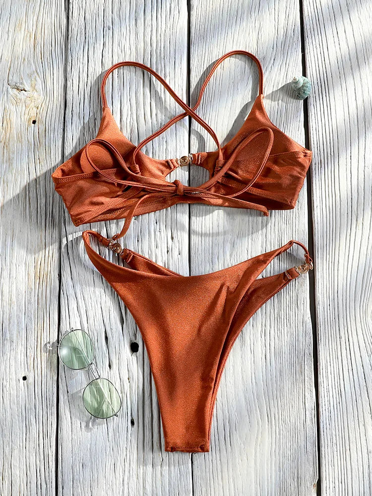 Miyouj Bandage Swimwear Summer Swimsuit High Cut Bikini Set Solid Sexy 2-Piece Suit New Bathsuit Hollow Out Thongs Beachwear