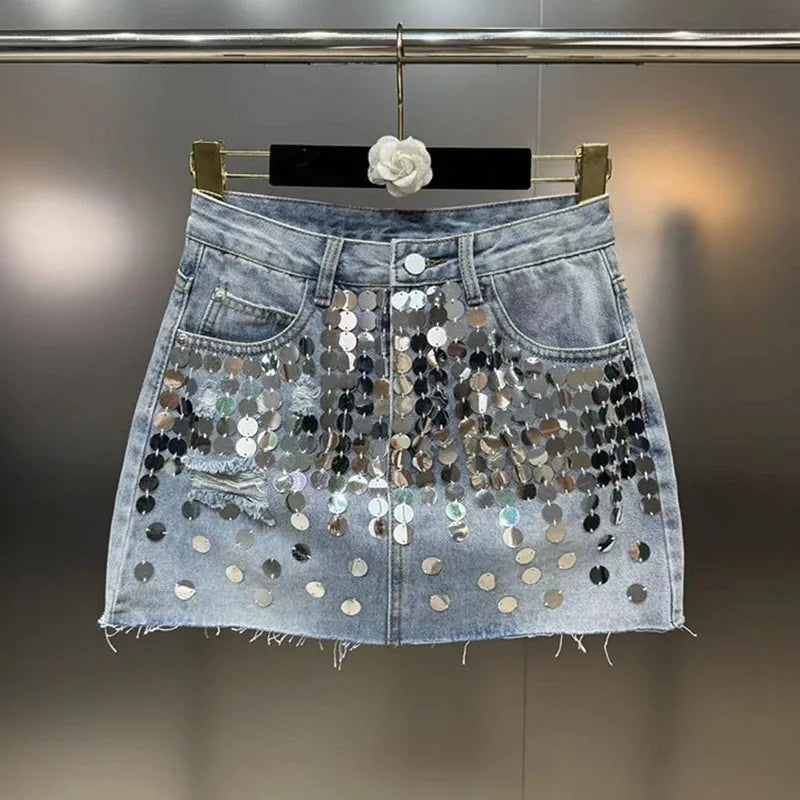 DEAT Sequins Decoration Denim Skirts For Women 2024 Summer New Items High Waist Wrap Hip Skirt Female Trendy Fashion 29L7154
