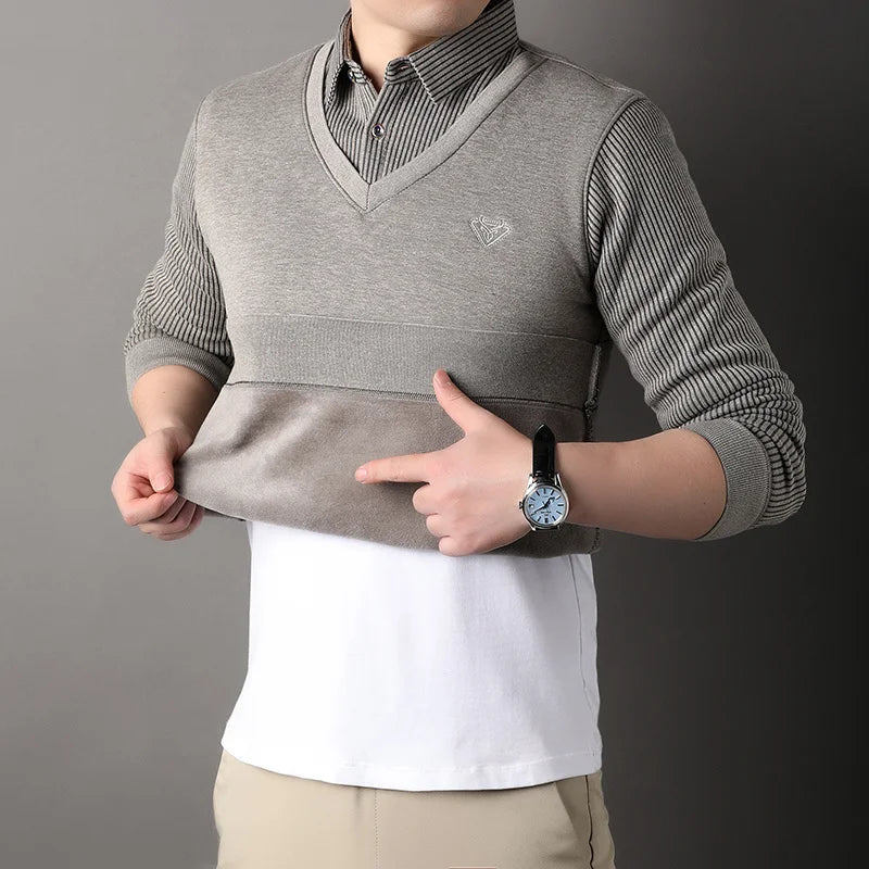 Autumn and Winter New Collection with Fleece Fake Two Piece Long Sleeved Polo Shirt for Men Fashionable and Casual Versatile Top