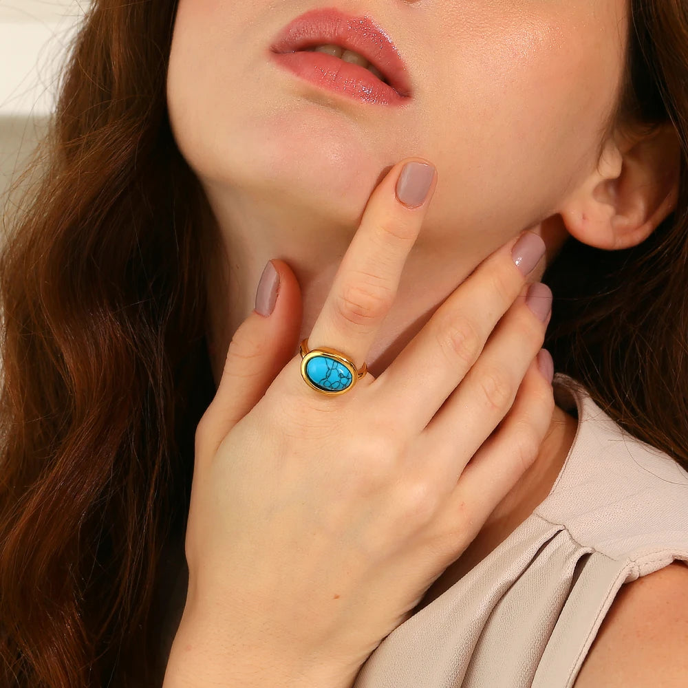 E.B.belle Minimalist Style Gemstone Ring Oval Shape Natural Stone 18k Gold Plated Stainless Steel Jewelry For Women Party GIft