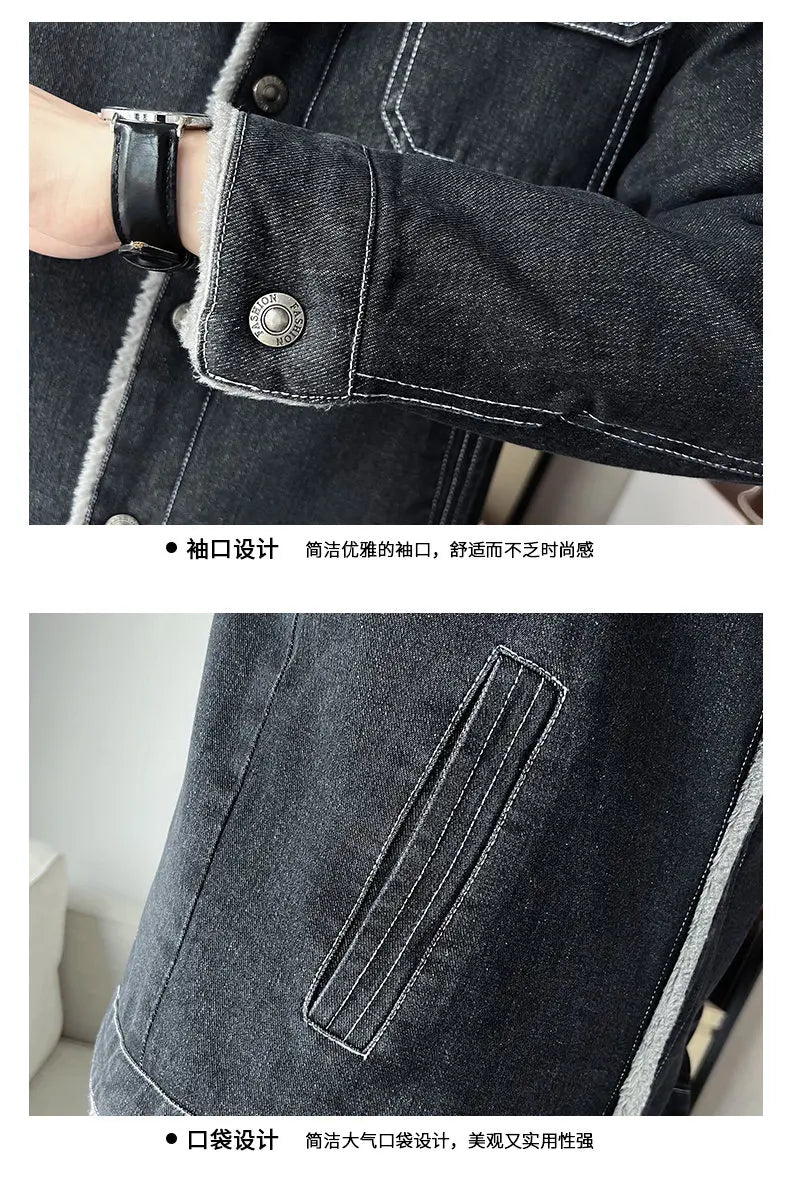 Men Denim Jacket Men Fleece Trendy Winter Velvet Coats 2025 Men Korean Slims Casual Thick Jacket Male Lamb Fur Casual Outerwear