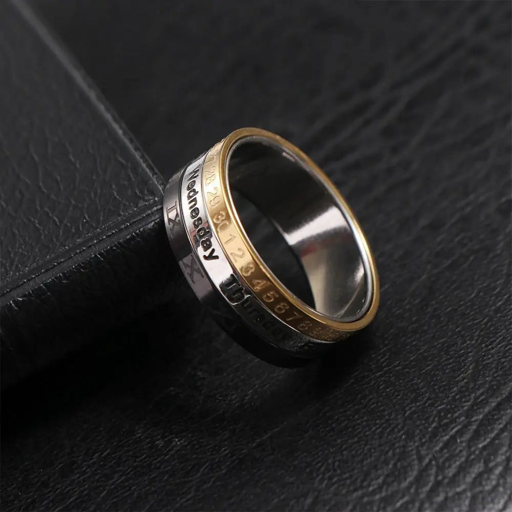 Creative 3 Part Date Time Calendar Titanium Steel Cool Punk Rotatable Joint Ring Finger Ring Fashion Jewelry Men Ring