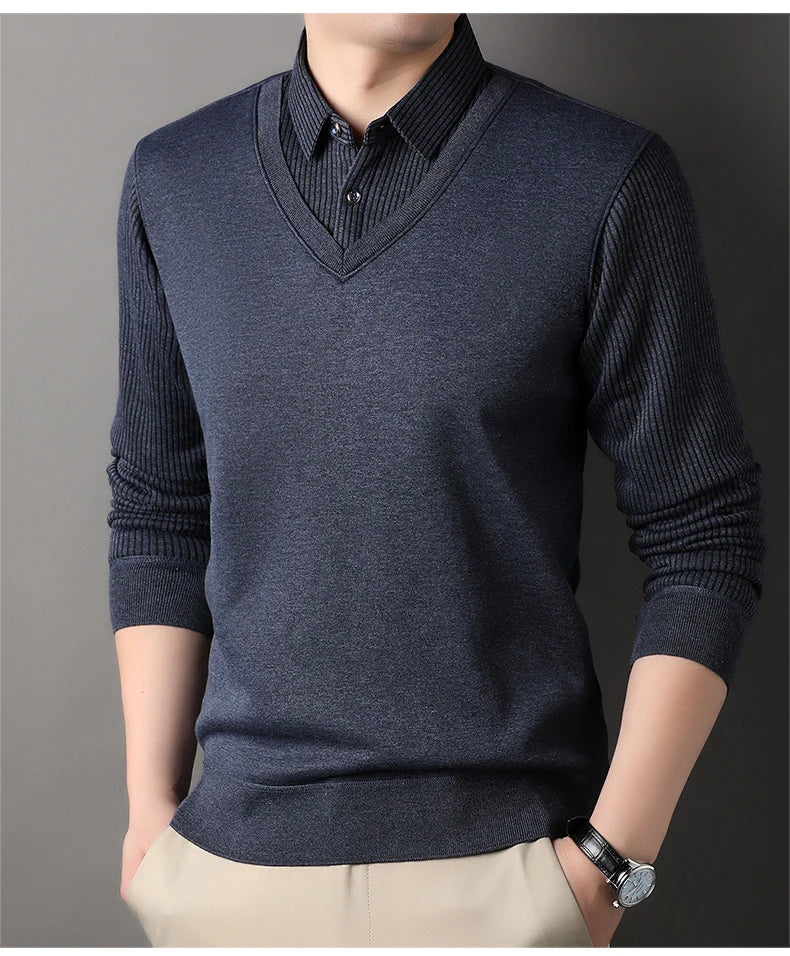 Men's Long Sve Fce Lined Knitted irt Busin Casual Sle Winter Warm Top Fake Two-Piece Design Comfortable Fit