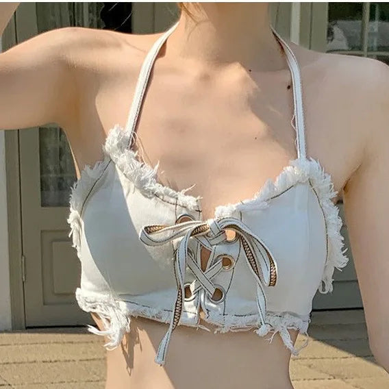 New In Women Beach Sexy Denim Bikini Sets 2025 Nightclub Bar Wear Halter Tops And Mini Hotpants