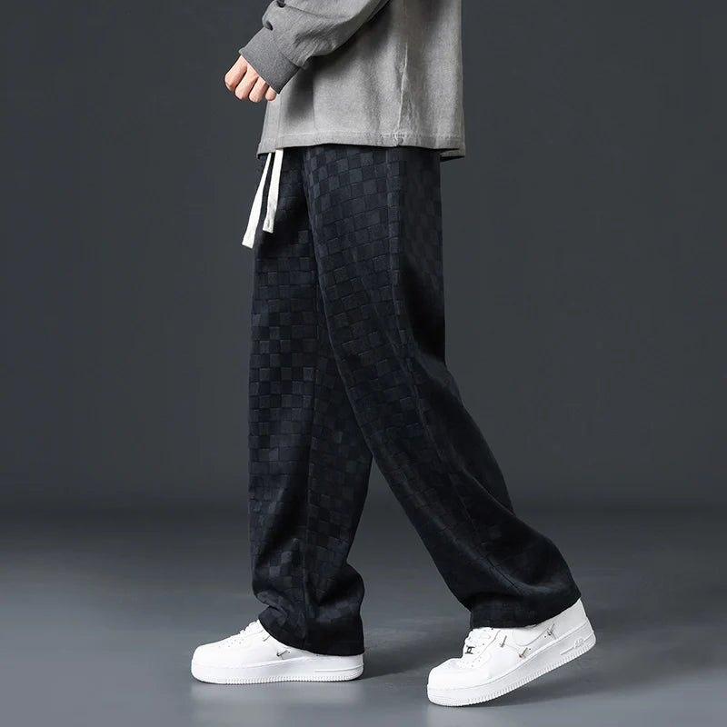 Men's Checkered Velvet Sweatpants, Loose Drawstring Trousers, Trendy Checkered Pattern, Fall and Winter Casual Streetwear