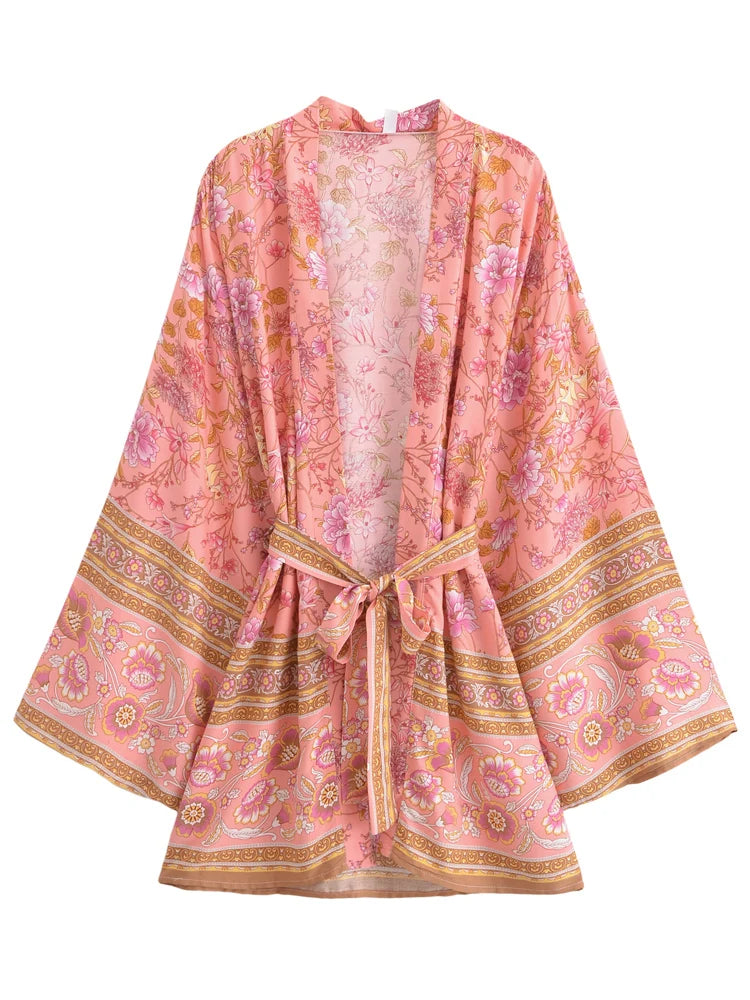 Boho Queens Multi Floral Print Sashes Short Kimono Women Bohemian V Neck Batwing Sleeves Rayon Robe Beach Bikini Cover-up