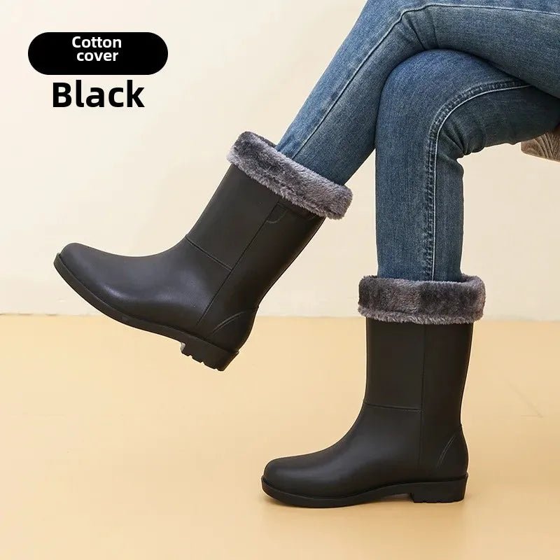 Fashionable Women's Mid-Calf Rain Boots Fleece Lined Anti-Slip Half Boots Adult Rain Shoes Wholesale From China Land