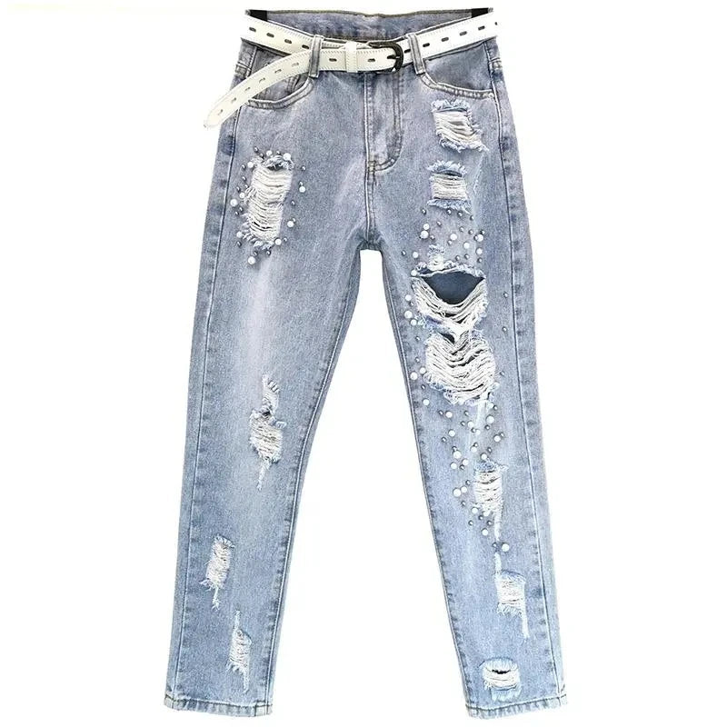 Women Hole Jeans 2023 Spring Summer New Loose High Waist Denim Pants Heavy Beading Straight Nine Points Harem Cowboy Trousers