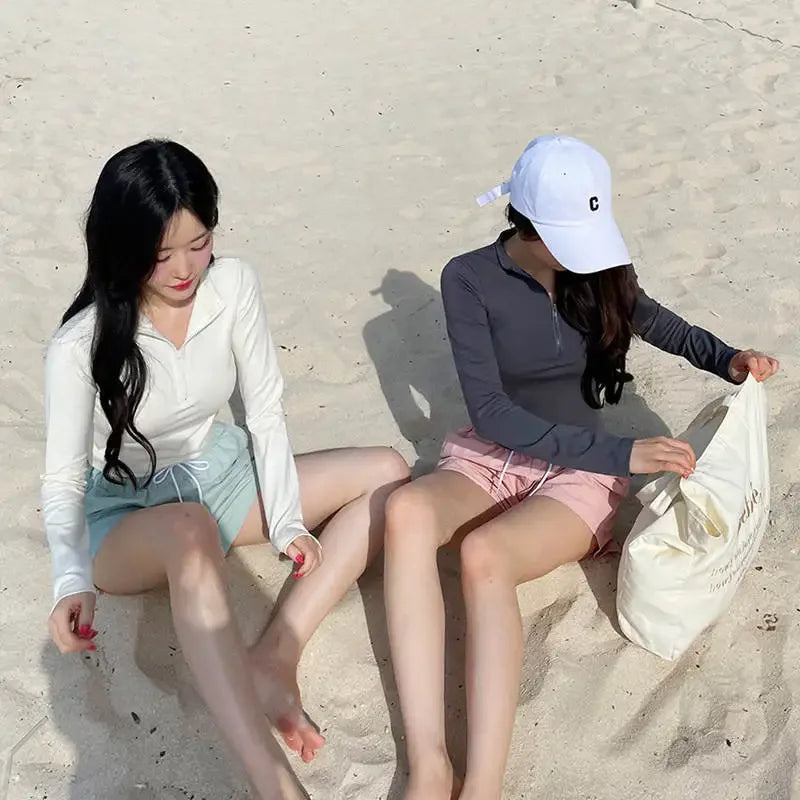 Fashionable Korean Dongdaemun Long Sleeve Women's Swimsuit Casual Beach Vacation Two Piece Conservative Student Bikini Set