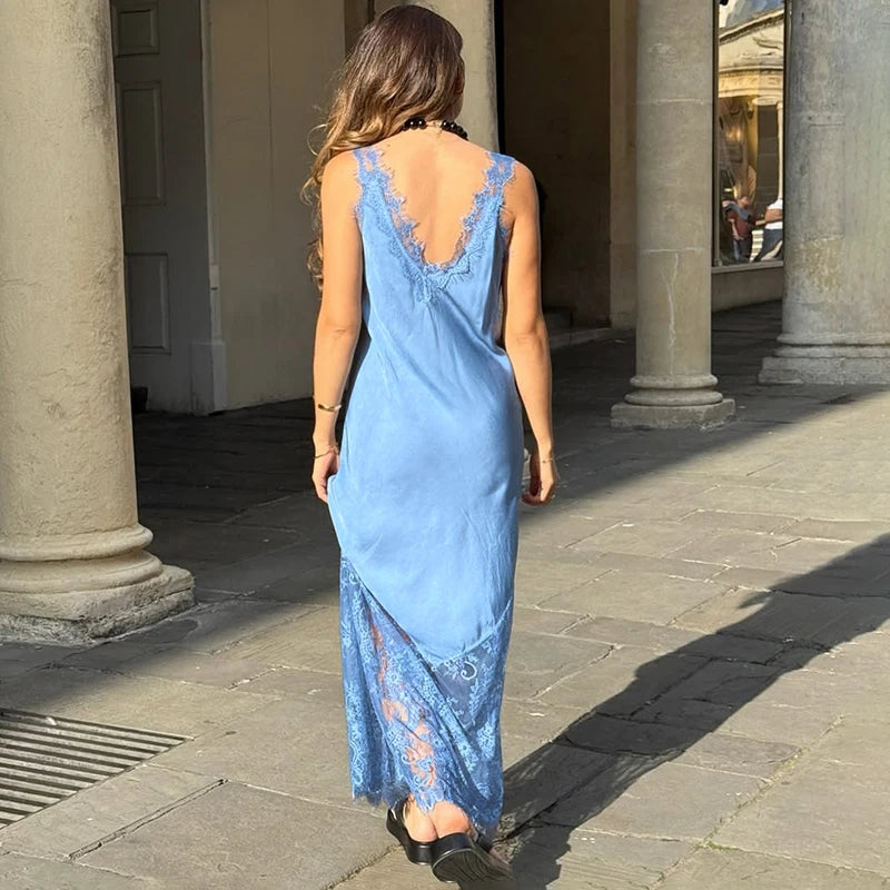 Tornova Sexy Spaghetti Strap Lace Dress For Women Fashion Splice Elegant Backless Long Dress Slim Vacation Party Female Clothes