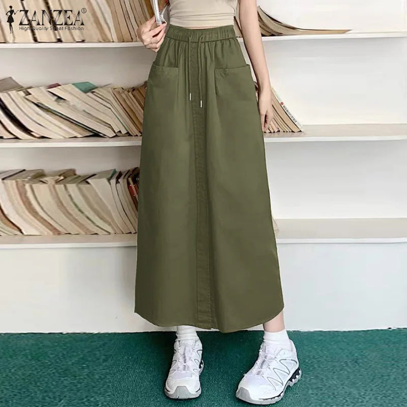 ZANZEA Fashion Women Autumn High Waist Skirts Solid Long Jupes Elegant OL Work Faldas Saia Stylish Holiday Midi Skirt Streetwear