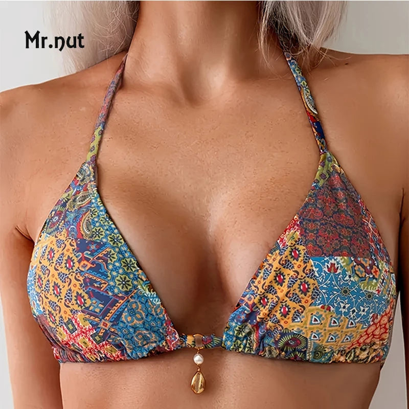 Mr. Nut 2025 New Neck Print Lace Up Split Swimsuit Women Sexy Bikini Beach Leak Back Swimsuit Bikini