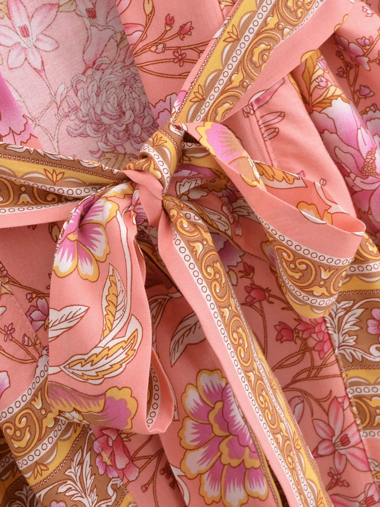 Boho Queens Multi Floral Print Sashes Short Kimono Women Bohemian V Neck Batwing Sleeves Rayon Robe Beach Bikini Cover-up