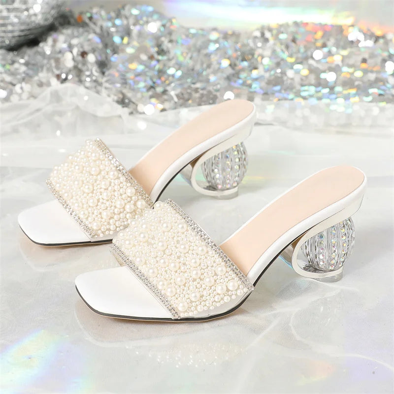Liyke Size 36-42 Women Summer Party Slippers Fashion White Pearl Designer Sandals Female Shoes Strange High Heels Mules Slides