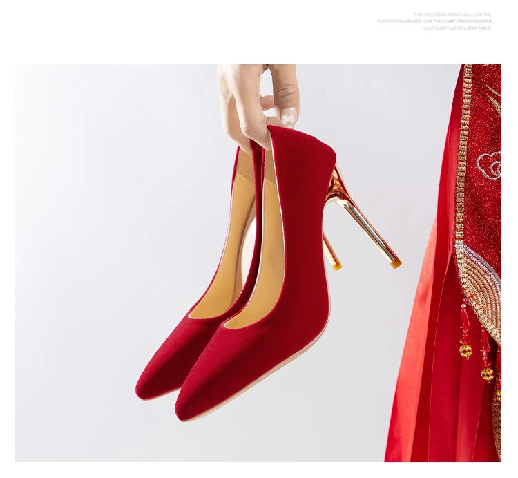 12cm   Red Heels Oversized Women's Heel Shoes 45 Red Wedding Shoes Flannelette Super High Heel Women's Shoes Zapatos De Mujer