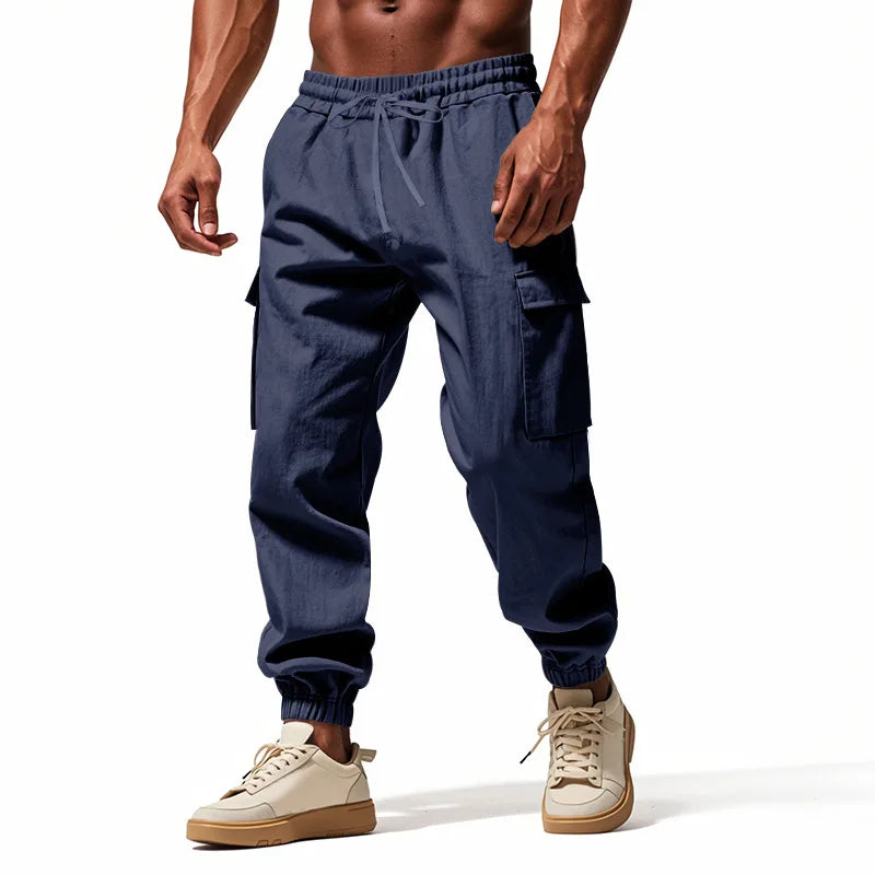 2025 New Men's Cotton and Linen Multi Pocket Ankle Pants, Loose Drawstring Pants Workwear Sports Trend Men's Pants