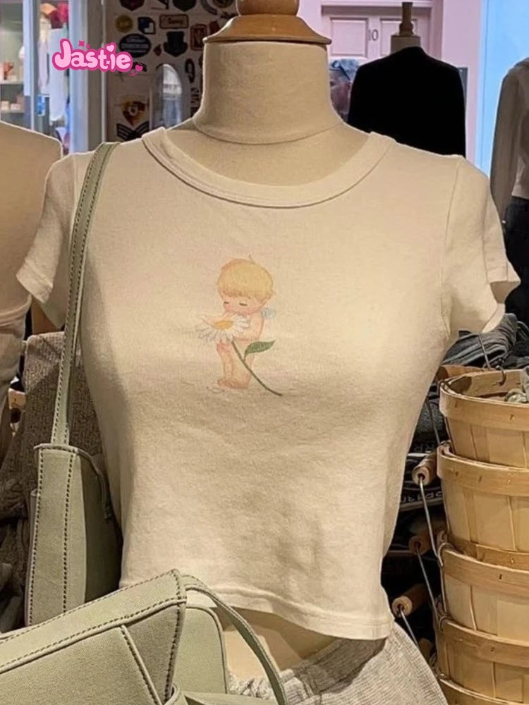 Cartoon Print Beige T-shirts Women 2024 Summer Streetwear Round Neck Short Sleeve T Shirt Female Vintage Chic Y2k Crop Top