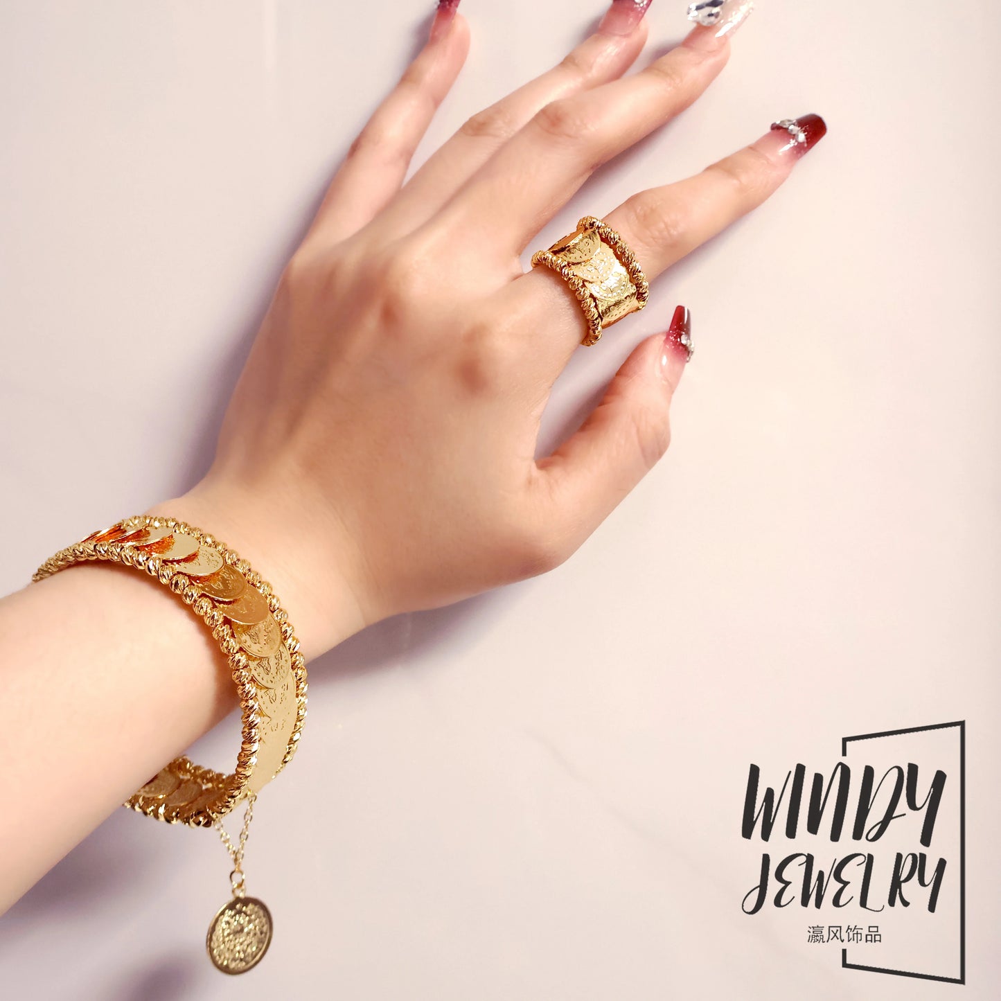 Windy Jewelry Coin Jewelry Sets 24k Gold Plated Dubai Arab Women Luxury Cuff Bangles Bridal Wedding Bracelet Rings
