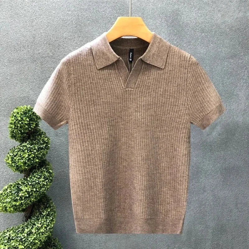 Casual Knitted Polo Shirt Men's Short Sleeve Cuban Collar T-Shirt Summer Fashion Individualistic Turn-down Collar Male Top