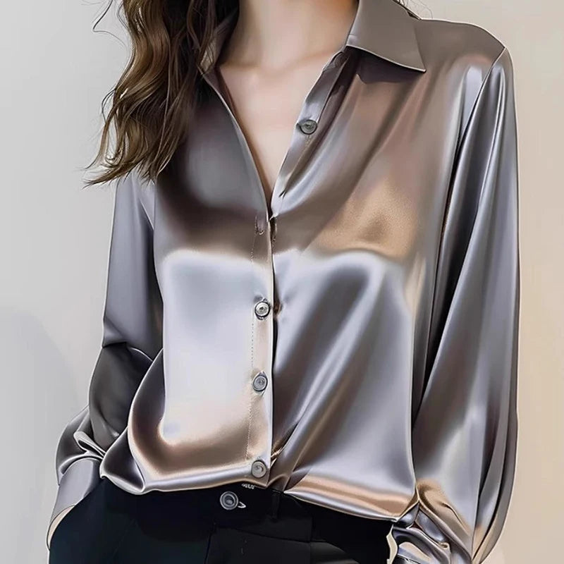 Spring Summer Casual Women's Satin Shirt Lapel Long Sleeve Blouse Loose Solid Color Office Lady Fashion Shirts Top