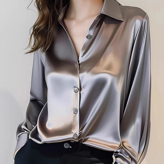 Spring Summer Casual Women's Satin Shirt Lapel Long Sleeve Blouse Loose Solid Color Office Lady Fashion Shirts Top