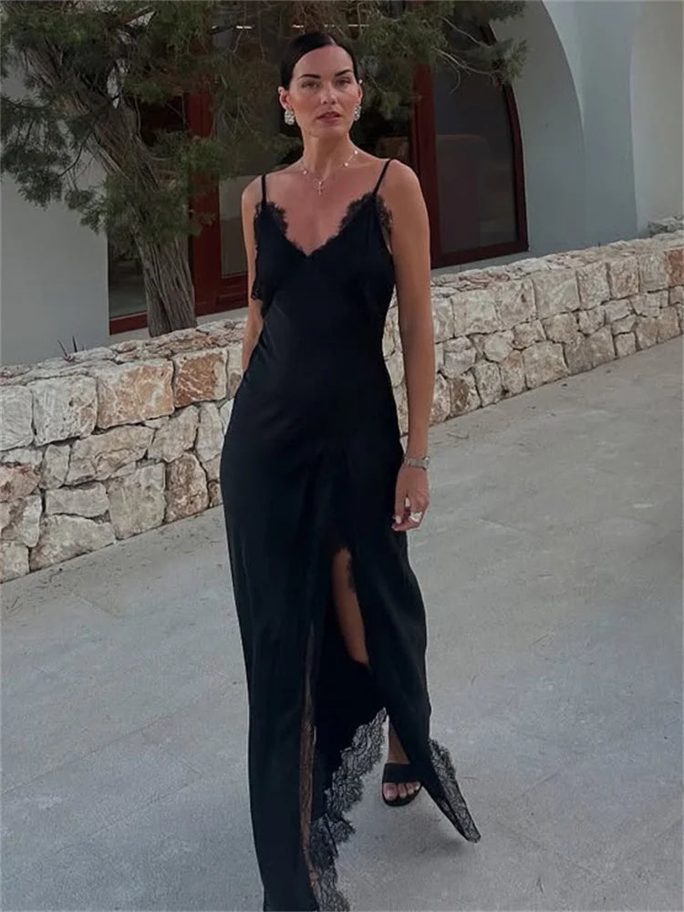 Tossy Black Lace Printed Long Dress For Women V-Neck Backless Slim Patchwork Spaghetti Party Dress Female Summer Bodycon Dress