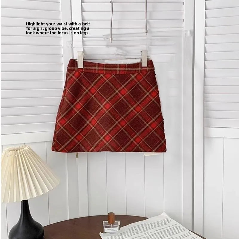 High Waist Plaid Mini Skirt Autumn Winter Woolen A- Line Skirt Short Skirt Retro Red Grids Half Body Skirt Small Size