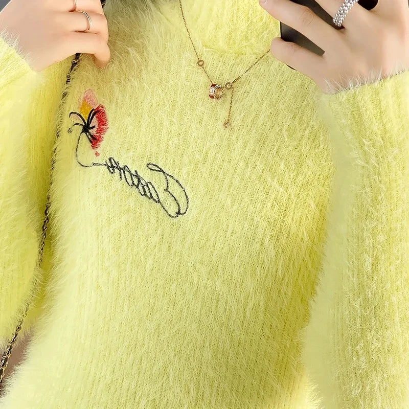 Autumn Winter Imitation Mink Fleece Dress Women Sweater Pullover Slim Embroidered Knitting Dress Female Base Shirt Mini Dress