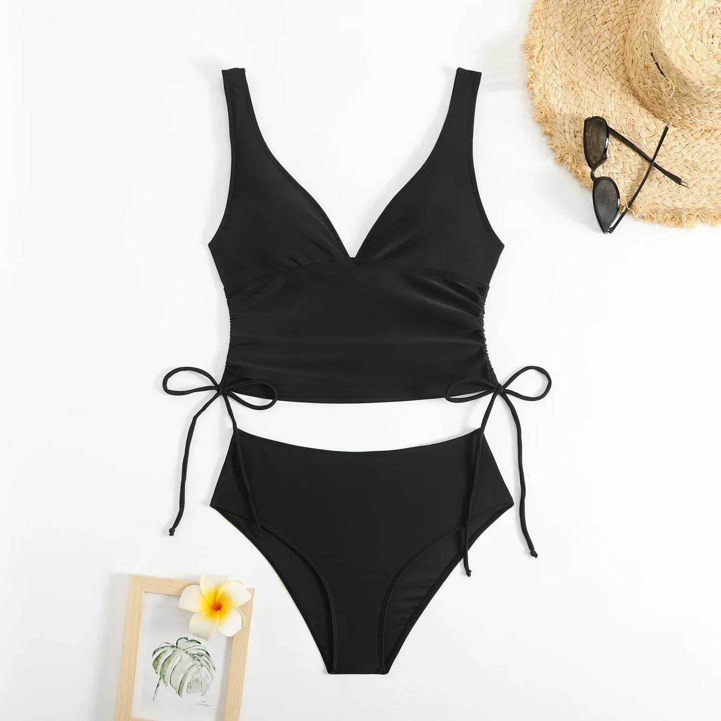 Fashionable Pure Color Nylon Fabric Bikini Set Sexy Two-Piece Swimsuit Drawstring Design Separate Top And Bottom for Women