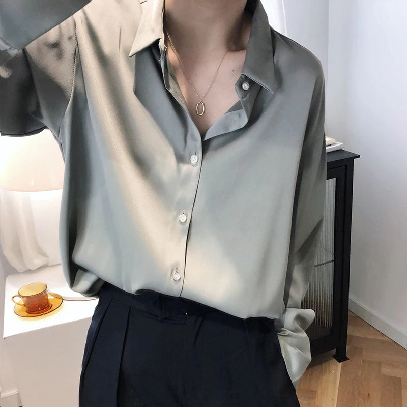 Luxury Satin Finish Shirts And Blouses For Women Clothes Casual Top OL Long Sleeve Single Breasted Elegant French Solid Blouses