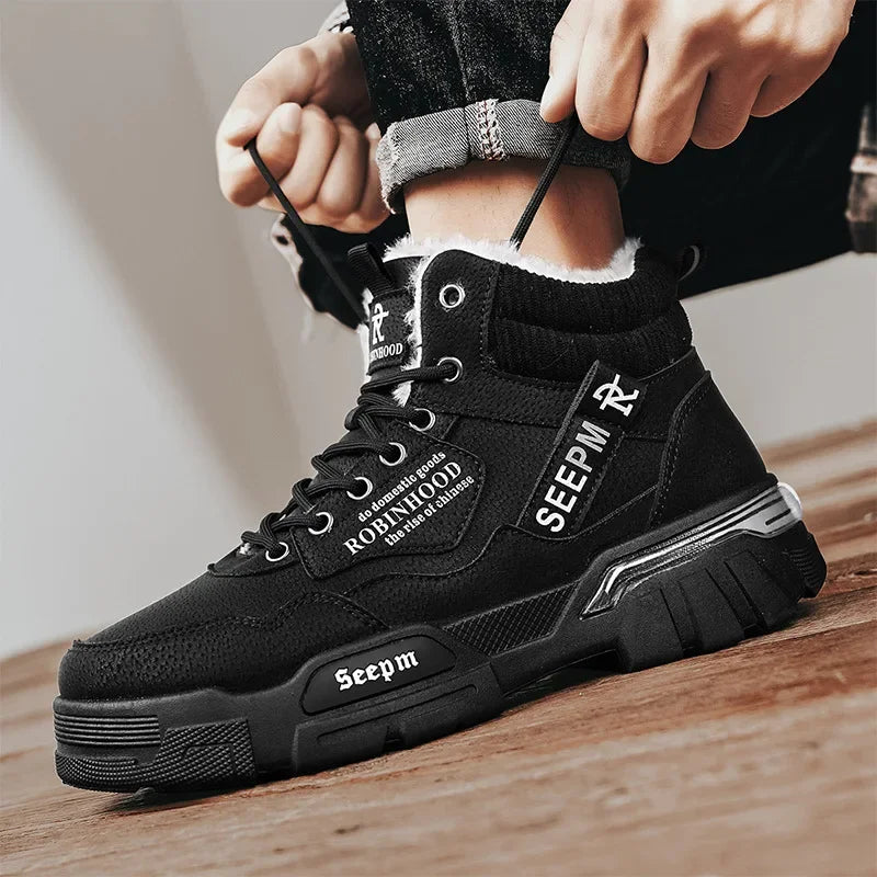 Winter New Fleece-Lined Cotton Shoes Fashionable Outdoor Snow Boots Trendy Warm High-Top Work Shoes Wholesale Men's Footwear