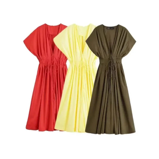 Slimming Casual Short Sleeve Pleated Shoulder Draped Dress Versatile Women's Fashion Design Knee-Length V-Neck Dress