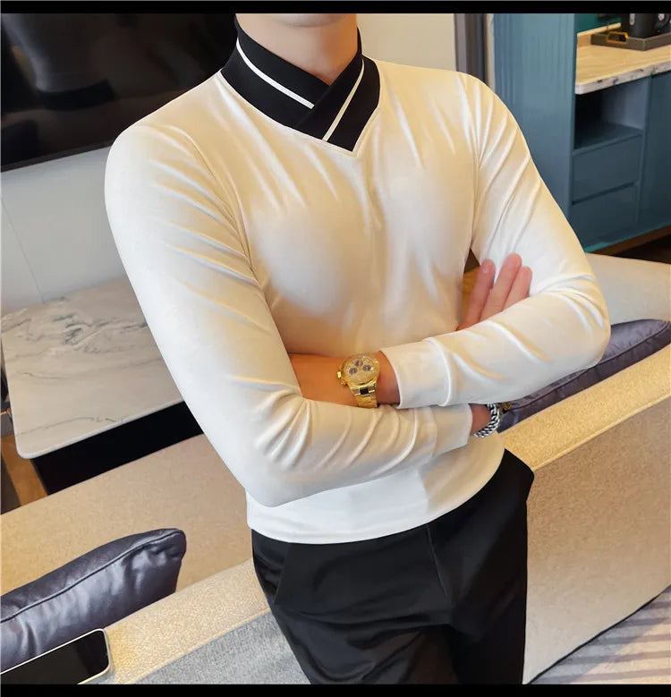 Autumn Winter Men's Mock Neck Long Sleeved T-shirt Slim Fit Elastic Solid Color Base Shirt Versatile Casual Business T-shirts