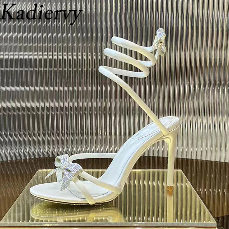 Summer High Heels Sandals Woman Butterfly-knot Rhinestone Snake Twine Around Ankle Strap Wedding Shoes Thin Heels Sandals Women