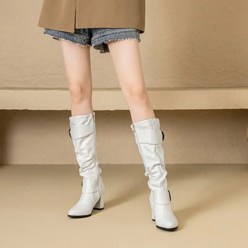 REAVE CAT Classic Women Knee High Boots Round Toe Block Heels 7.5cm 51 52 Pleated Fashion Booties