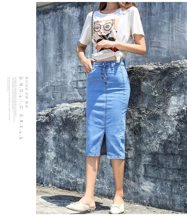 Women's Button Style Wrap Hip Slim Denim Skirt Fashion Mid Length Hip Skirts For Women