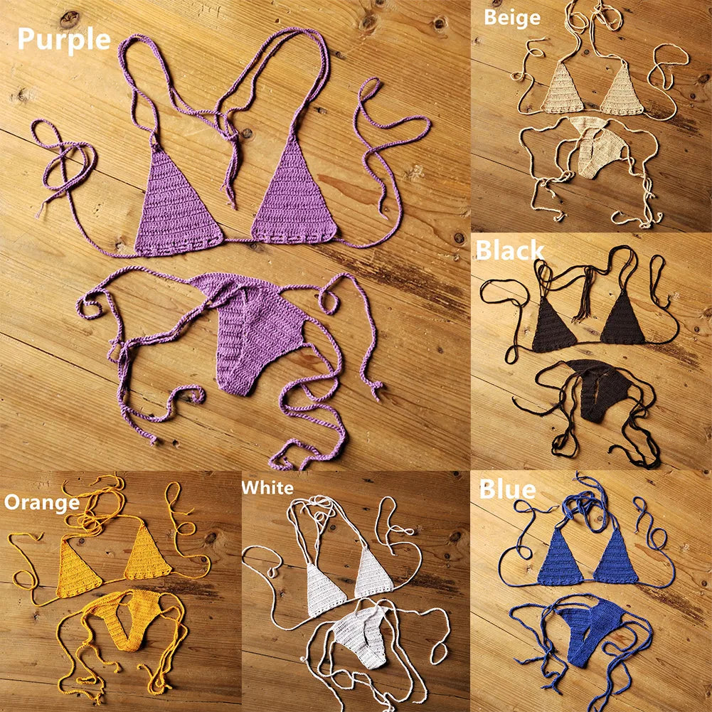 Cotton Hand Crochet Bikinis Set Women's Swimwear Bohemian 2 Pieces Swim Bras Underwear Set Bathing Suit
