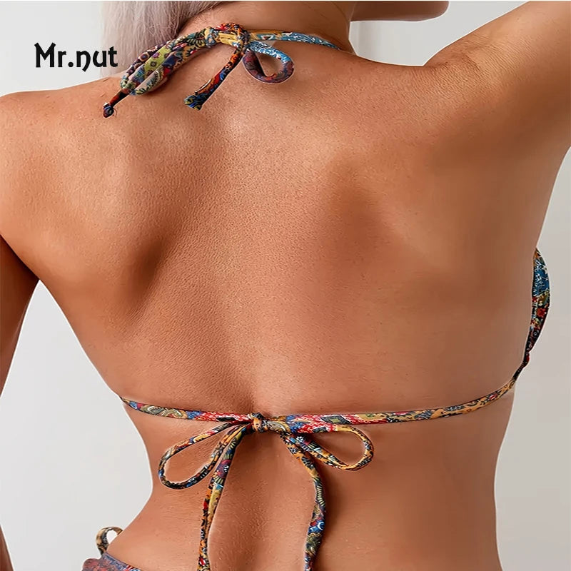 Mr. Nut 2025 New Neck Print Lace Up Split Swimsuit Women Sexy Bikini Beach Leak Back Swimsuit Bikini