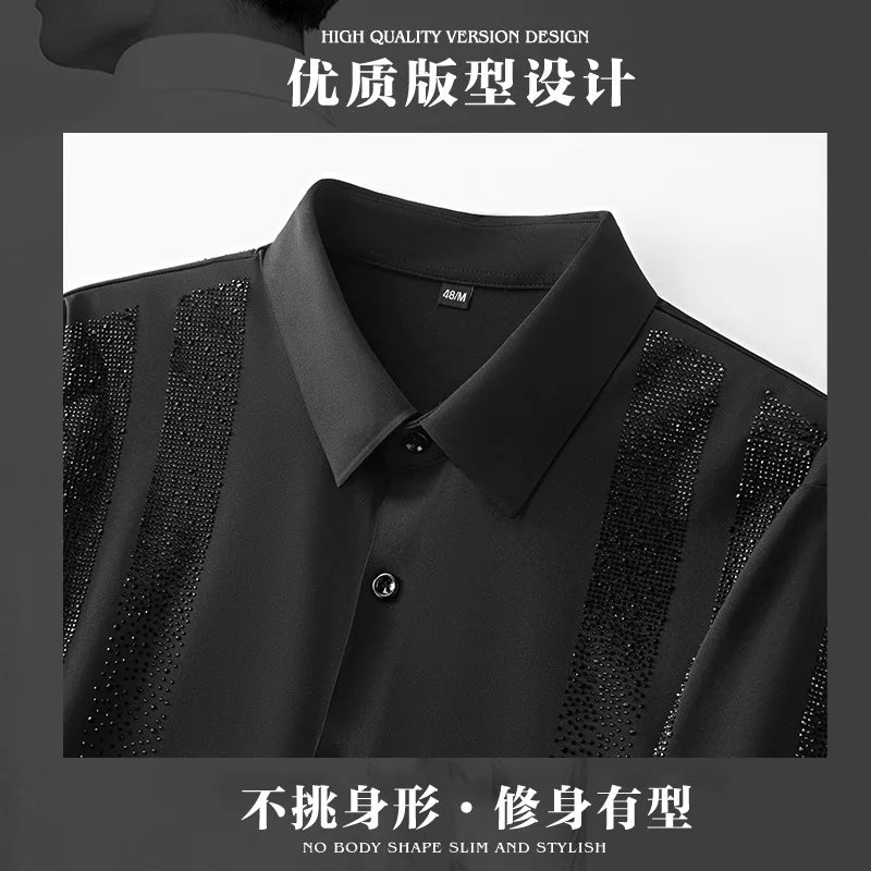Shiny Rhinestone Long Sleeved Shirt for Men Slim Casual Business Dress Shirts High Quality Versatile Banquet Party Luxury Shirt