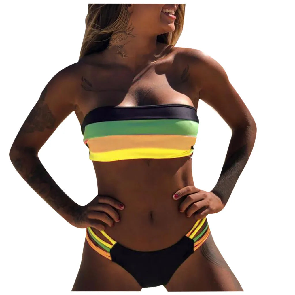 Bathing Suit Women Push-Up Swimwear New Colored Stripes Padded Strapless Bikini Set Summer Swimwears Tankinis Set Bikini Bottoms