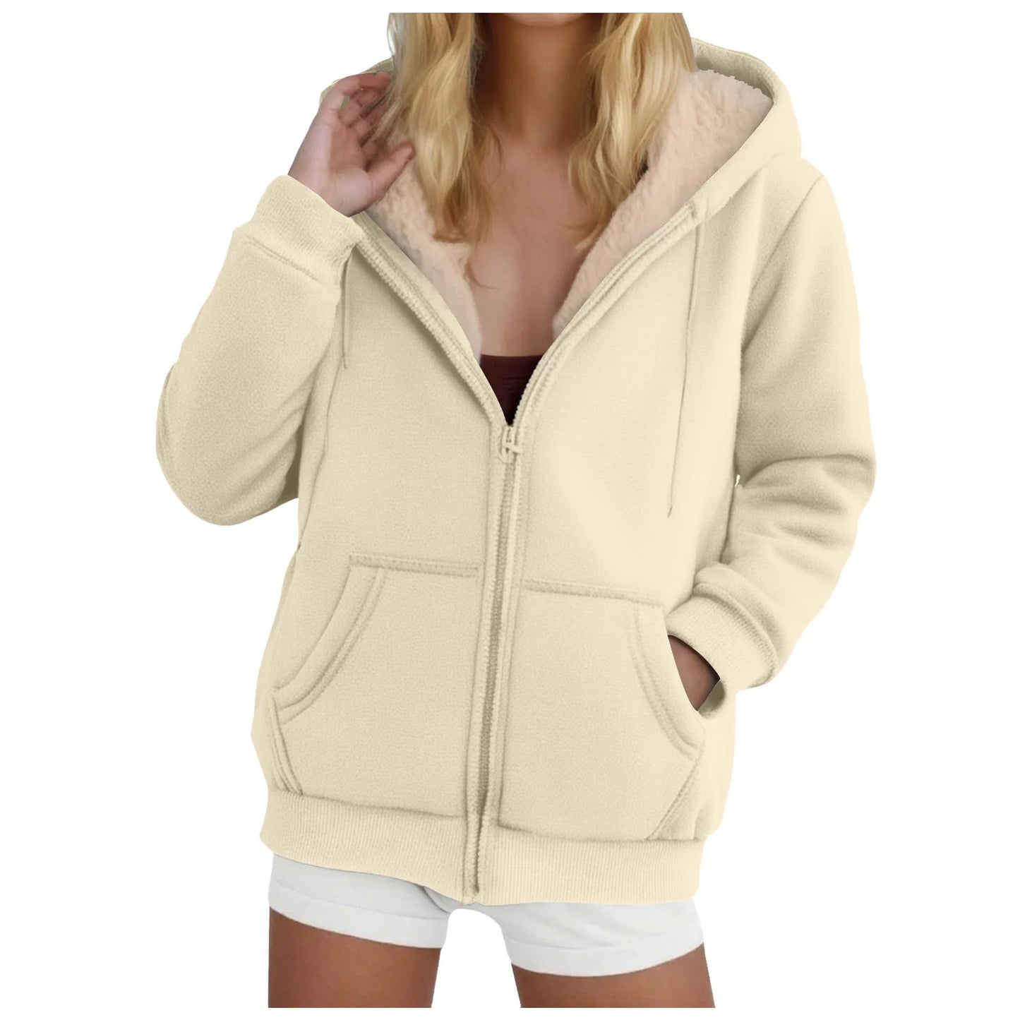Women's Fleece-Lined Thickened Hooded Sweatshirt Solid Color Autumn Winter Thick Warm Hoodies Zipper Up Pocket Loose Jackets