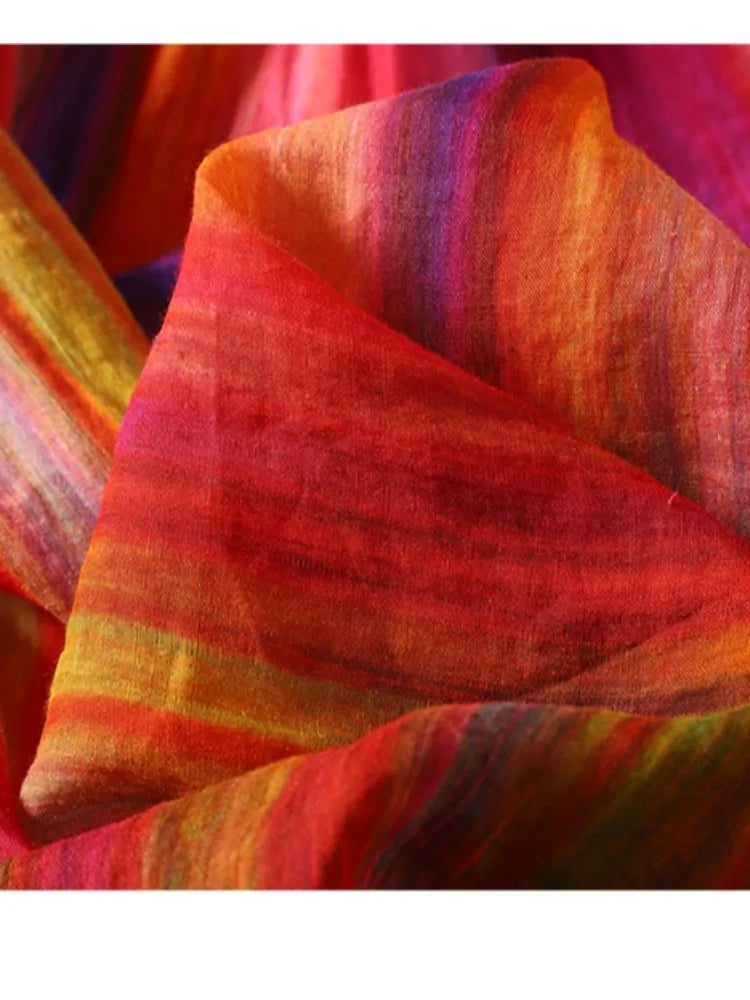 Summer Vintage Versatile Double Layered Flax A-Line Midi Skirt Slimming Elastic Waist Rainbow Stripes Long Skirt