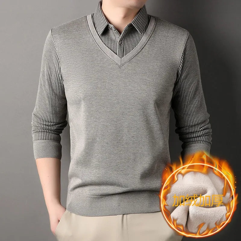 Men's Long Sve Fce Lined Knitted irt Busin Casual Sle Winter Warm Top Fake Two-Piece Design Comfortable Fit