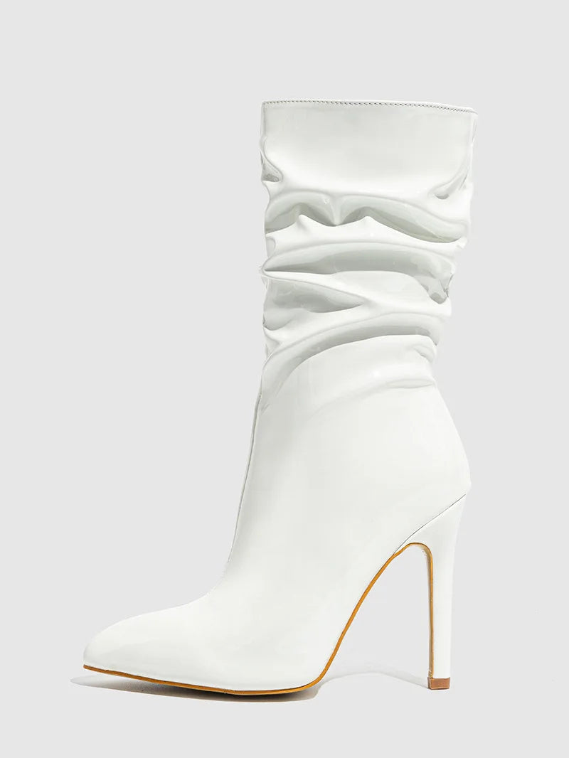 High-quality Pointed Toe Ladies Boots 11CM Stiletto Fashion Women Party Shoes Mid-Calf Boots Side Zipper Pleated High heels 42