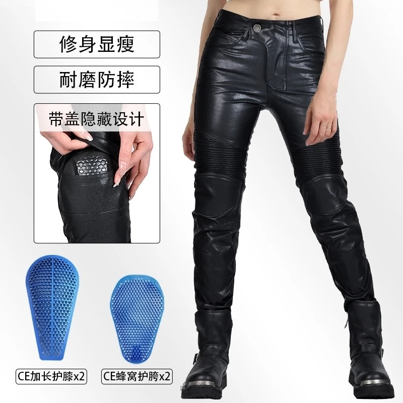 Motocross Racing Pants PU Leather Biker Trousers Waterproof Windproof Women With CE Knee Hip Pad Racing Motorbike Trousers Pants