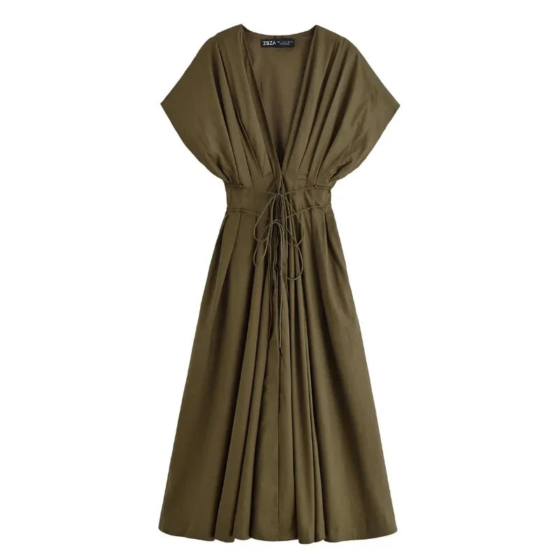 Slimming Casual Short Sleeve Pleated Shoulder Draped Dress Versatile Women's Fashion Design Knee-Length V-Neck Dress