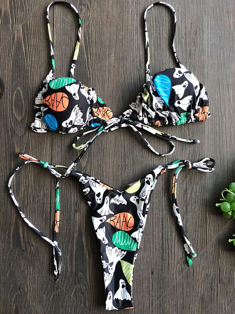 Sexy Printed Ruffled Frilled Thong Bikini Women Swimwear Female Swimsuit Two Pieces Bikini set Micro String Bathing Suit Swim