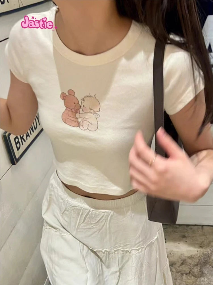 Cartoon Print Beige T-shirts Women 2024 Summer Streetwear Round Neck Short Sleeve T Shirt Female Vintage Chic Y2k Crop Top