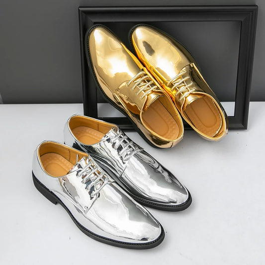 Large Size 38-50 Pointed Leather Shoes Man Business Performance Men's Dress Shoes Luxury Golden Bright Shoes Man Wedding Shoes